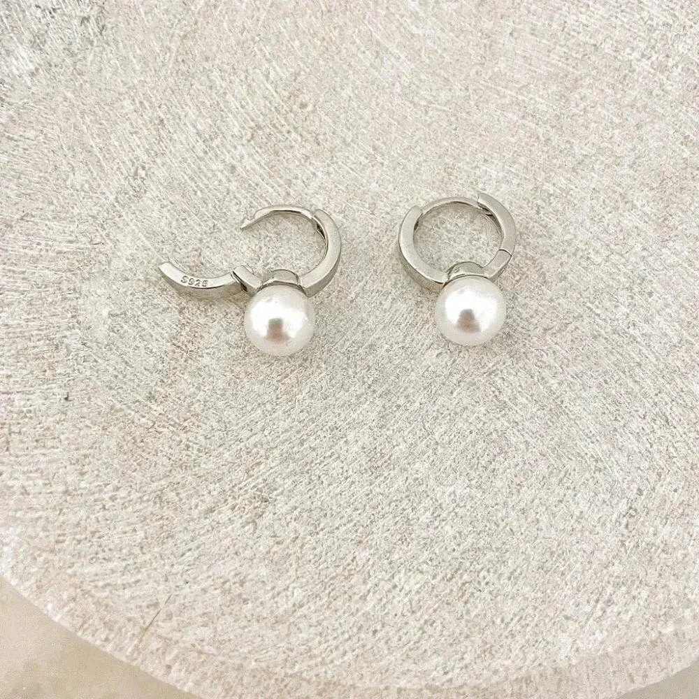 925 Sterling Silver Pearl Huggie Earrings Small Huggie Hoop Earrings